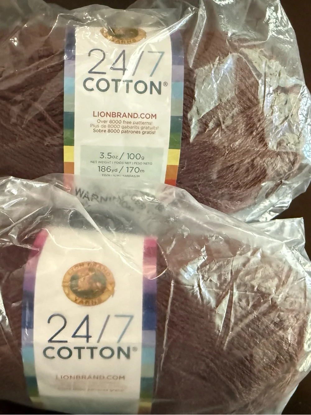 Lion Brand Yarn 24/7 Cotton- 2 Skeins Coffee Beans - Deep Brown